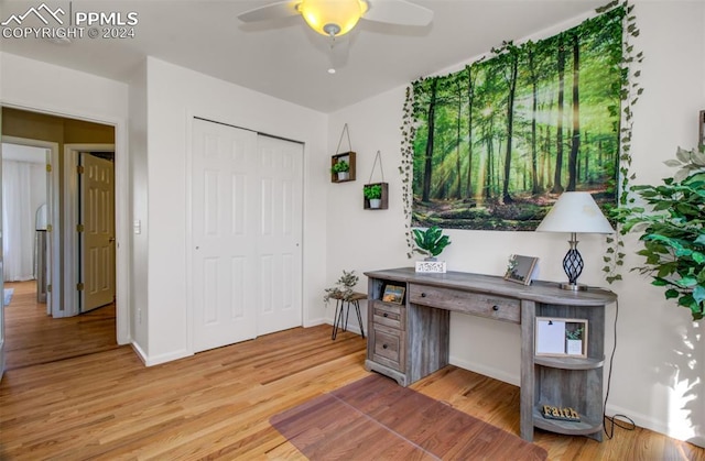 office with ceiling fan and light wood-type flooring