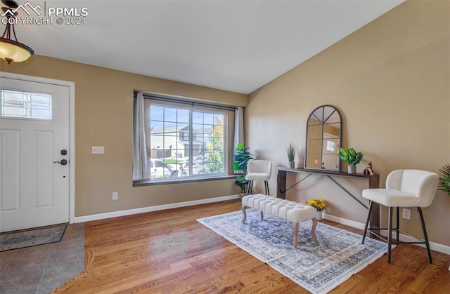 foyer entrance featuring vaulted ceiling and hardwood / wood-style flooring