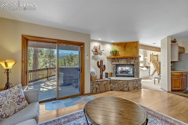 living room with light hardwood / wood-style flooring and a stone fireplace