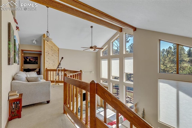 hall with light carpet, a wealth of natural light, and vaulted ceiling with beams