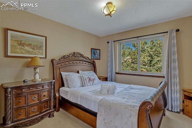 bedroom with light colored carpet and a textured ceiling