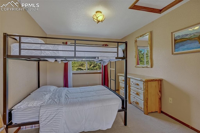 carpeted bedroom with a textured ceiling