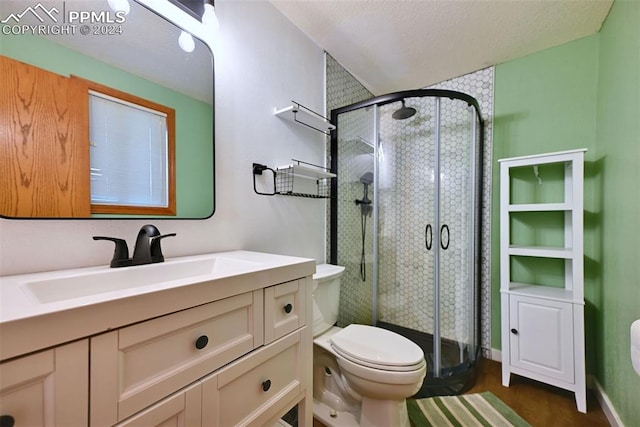 bathroom featuring vanity, a textured ceiling, toilet, and a shower with door