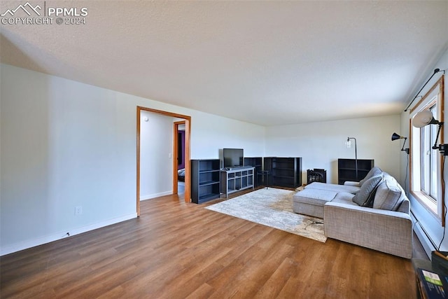 living room featuring wood-type flooring and a baseboard radiator