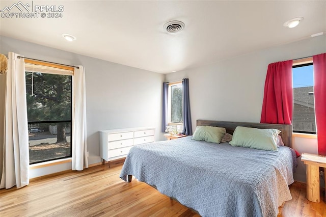 bedroom featuring light hardwood / wood-style flooring and multiple windows