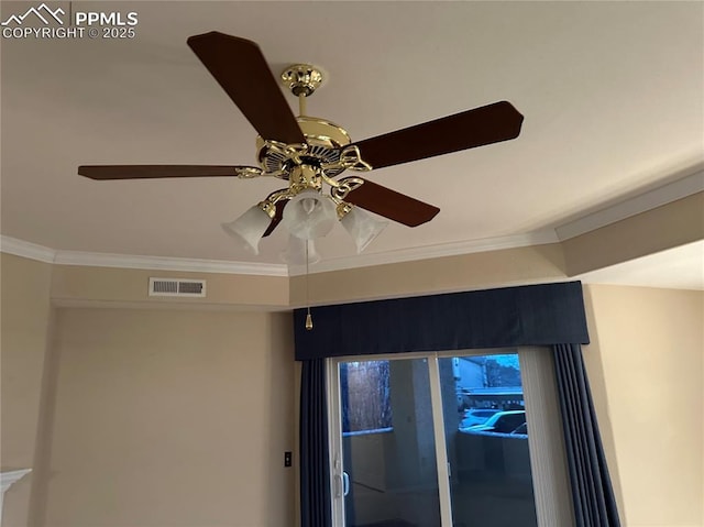 room details featuring crown molding and ceiling fan