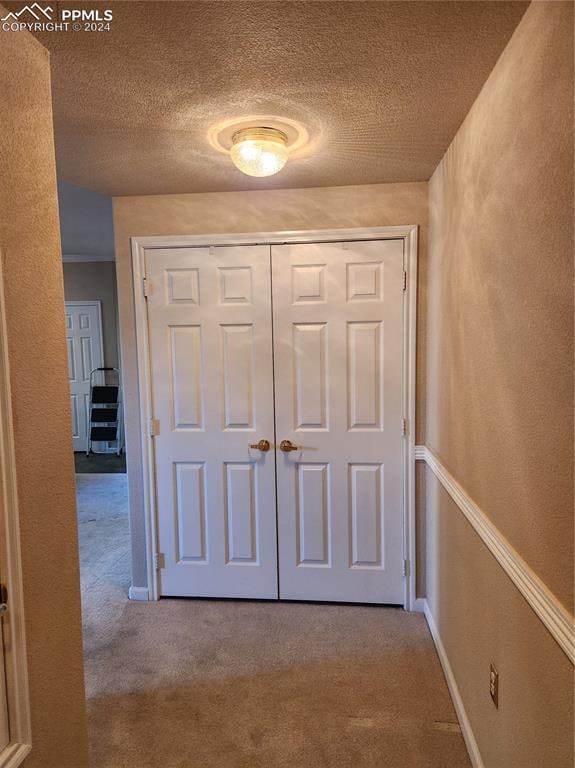 hall featuring light carpet and a textured ceiling