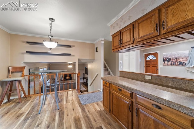 kitchen with pendant lighting, crown molding, and light hardwood / wood-style flooring