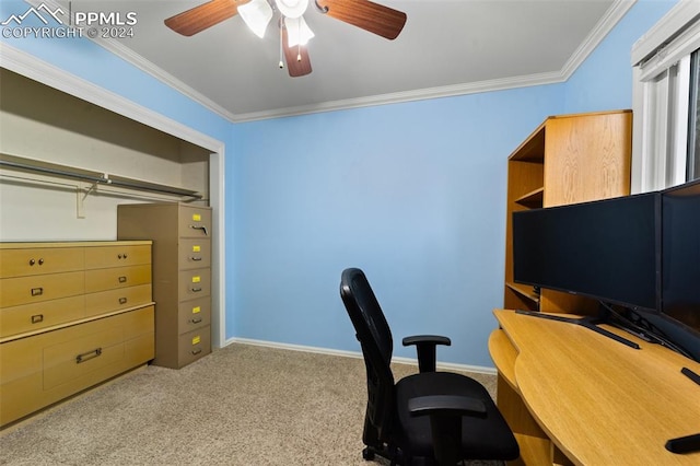 home office featuring light carpet, crown molding, and ceiling fan