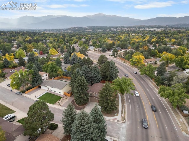 drone / aerial view featuring a mountain view