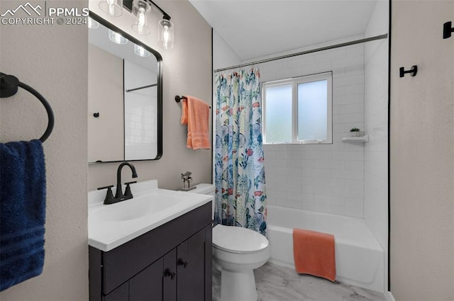 full bathroom featuring shower / bath combination with curtain, toilet, and vanity