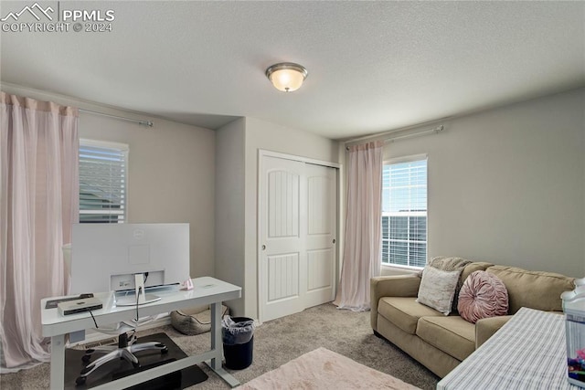 office space with a textured ceiling and light colored carpet