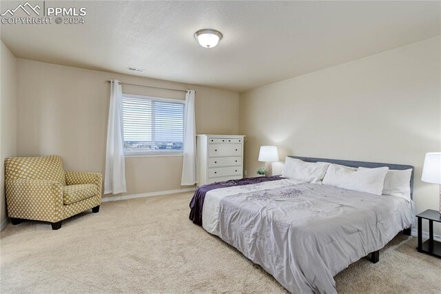 bedroom with light carpet