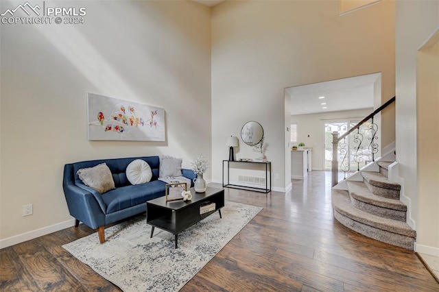 living room featuring dark hardwood / wood-style floors and a high ceiling