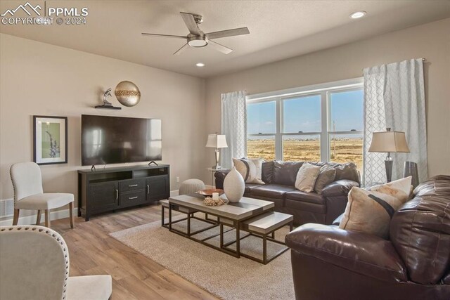 living room featuring ceiling fan and light hardwood / wood-style flooring