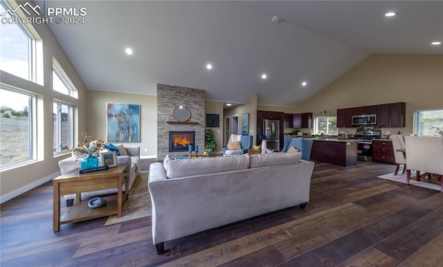 living room with high vaulted ceiling, dark hardwood / wood-style flooring, and a healthy amount of sunlight