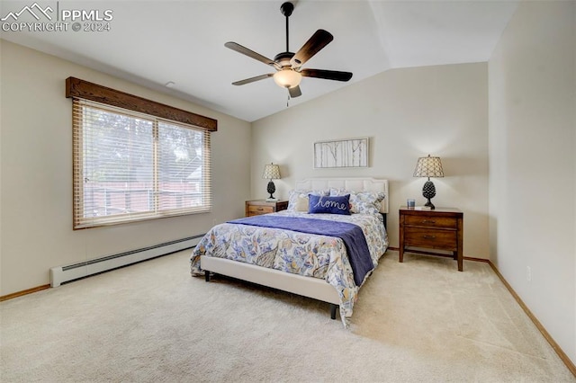 bedroom with ceiling fan, baseboard heating, vaulted ceiling, and carpet