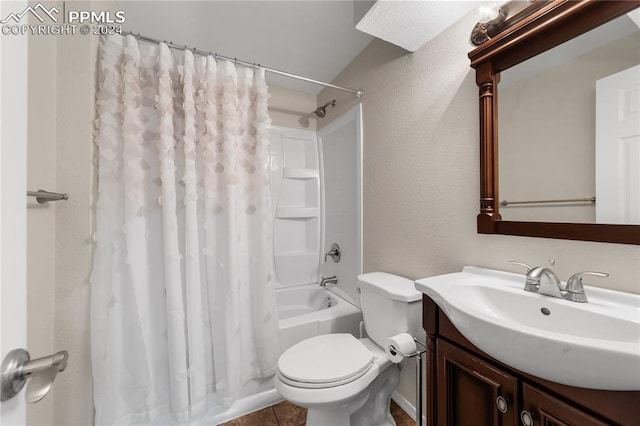 full bathroom with vanity, shower / tub combo with curtain, toilet, and tile patterned floors