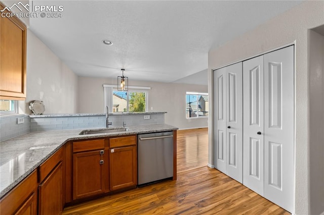 kitchen featuring tasteful backsplash, sink, light wood-type flooring, decorative light fixtures, and stainless steel dishwasher