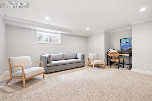 living room featuring light carpet and ornamental molding