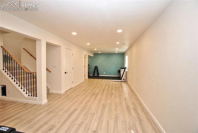 basement with light wood-type flooring