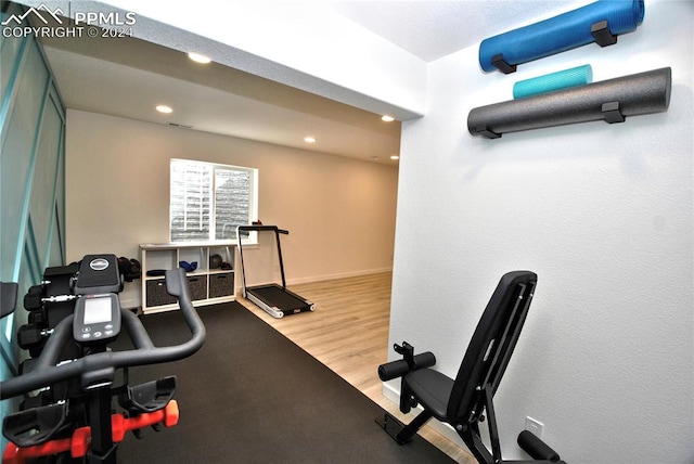 workout area featuring wood-type flooring