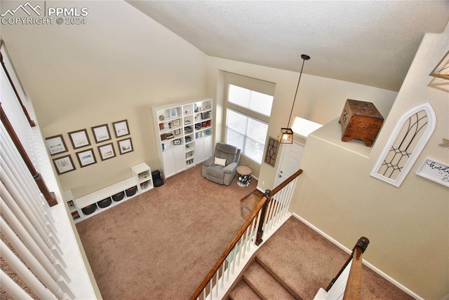 staircase featuring high vaulted ceiling and carpet