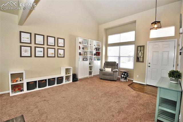 living area featuring high vaulted ceiling and carpet floors