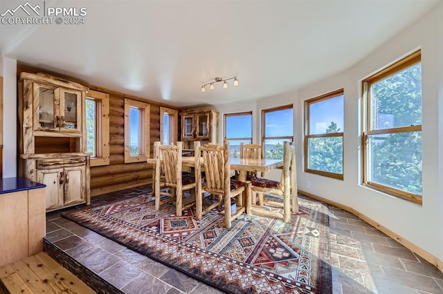 9 Arapahoe St, Woodland Park, CO 80863 - dining room featuring rustic walls, plenty of natural light, stone tile floors, and baseboards