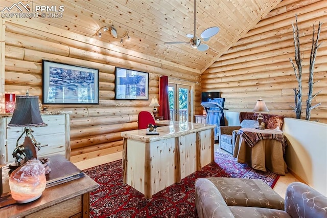 miscellaneous room with ceiling fan, rustic walls, high vaulted ceiling, and wooden ceiling