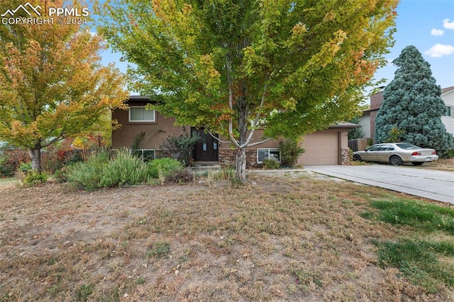 view of property hidden behind natural elements featuring a garage