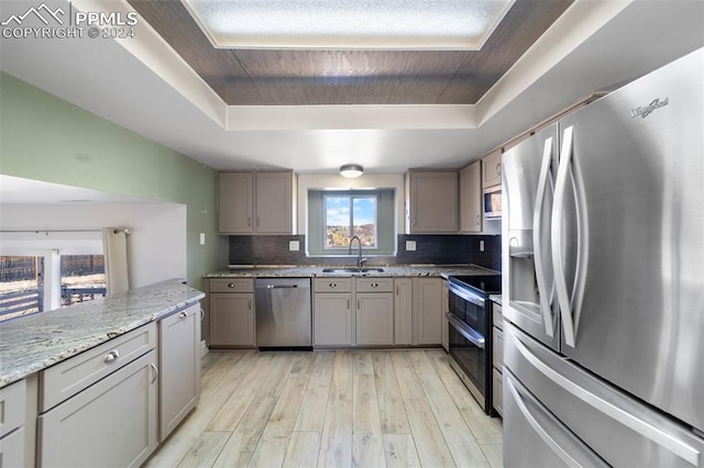 kitchen featuring sink, light hardwood / wood-style floors, stainless steel appliances, and a tray ceiling