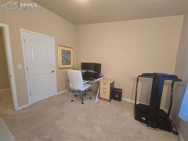 home office featuring light colored carpet