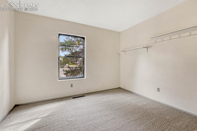 empty room with a textured ceiling and carpet flooring