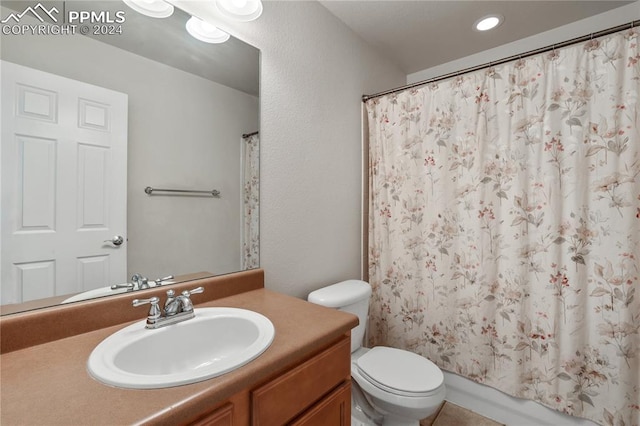 full bathroom with vanity, toilet, shower / bathtub combination with curtain, and tile patterned flooring