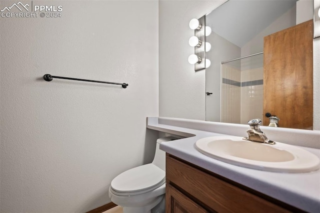 bathroom with vanity, lofted ceiling, toilet, and a shower