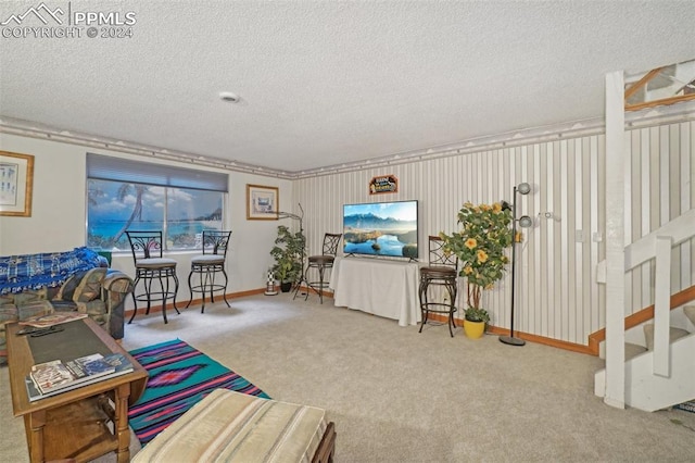 living room with carpet floors and a textured ceiling