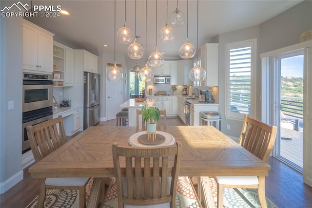 dining room with dark hardwood / wood-style flooring and sink