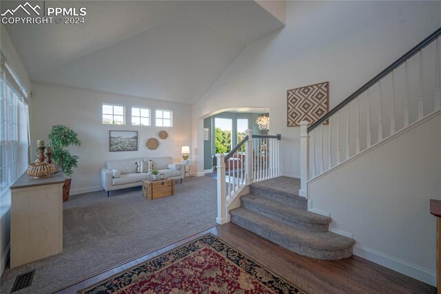 stairs with carpet and high vaulted ceiling