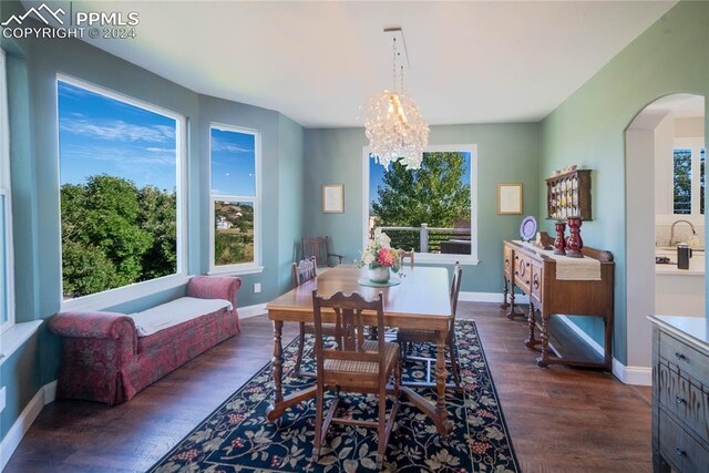 dining room with a notable chandelier, dark wood-type flooring, and a healthy amount of sunlight