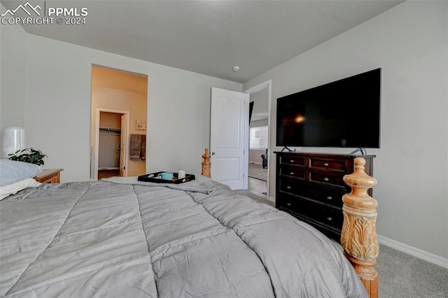 carpeted bedroom with a spacious closet and a closet