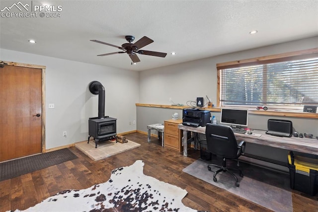 10760 Hardy Rd, Colorado Springs, CO 80908 - office with ceiling fan, a wood stove, wood finished floors, and recessed lighting