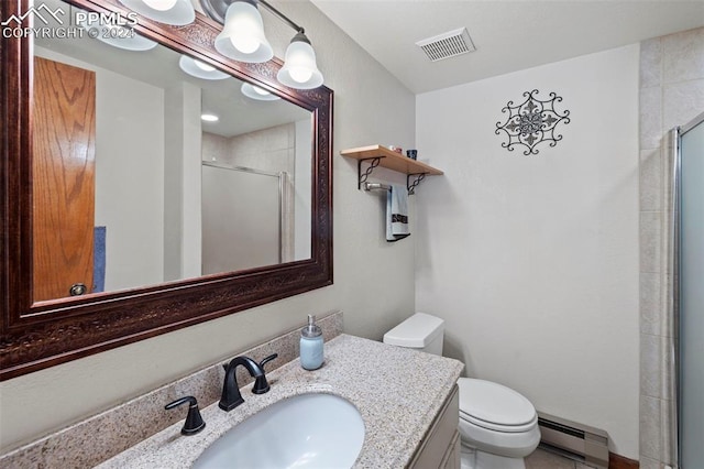 10760 Hardy Rd, Colorado Springs, CO 80908 - full bath featuring a baseboard radiator, a stall shower, vanity, toilet, and visible vents
