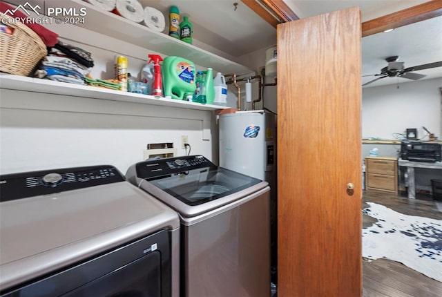 10760 Hardy Rd, Colorado Springs, CO 80908 - clothes washing area with laundry area, wood finished floors, a ceiling fan, washer and dryer, and electric water heater