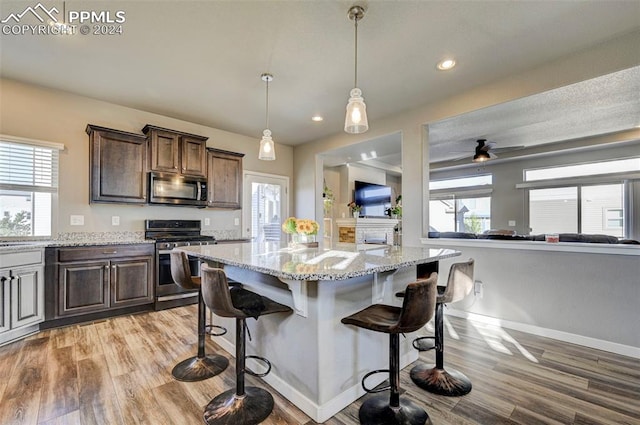 kitchen with a breakfast bar area, dark brown cabinetry, stainless steel appliances, and a healthy amount of sunlight