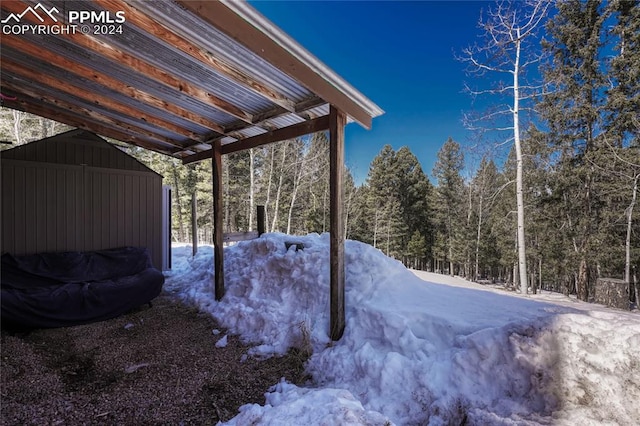 yard layered in snow with an outbuilding