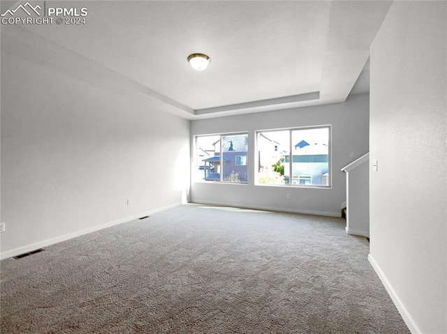 unfurnished room with a tray ceiling and carpet