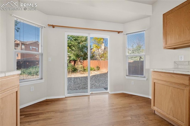 unfurnished dining area featuring light hardwood / wood-style floors and a wealth of natural light