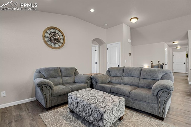 living room featuring hardwood / wood-style floors and lofted ceiling