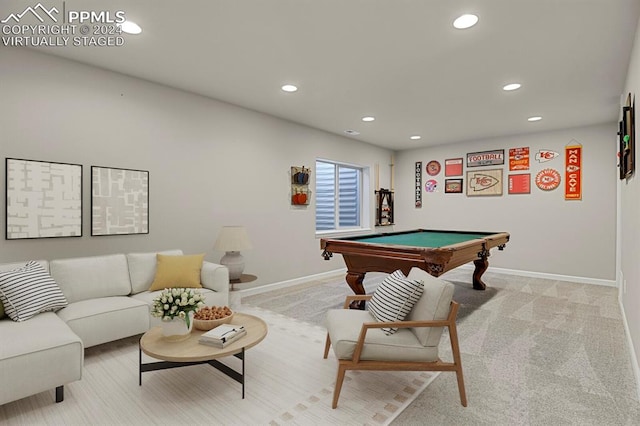 game room featuring light carpet and pool table